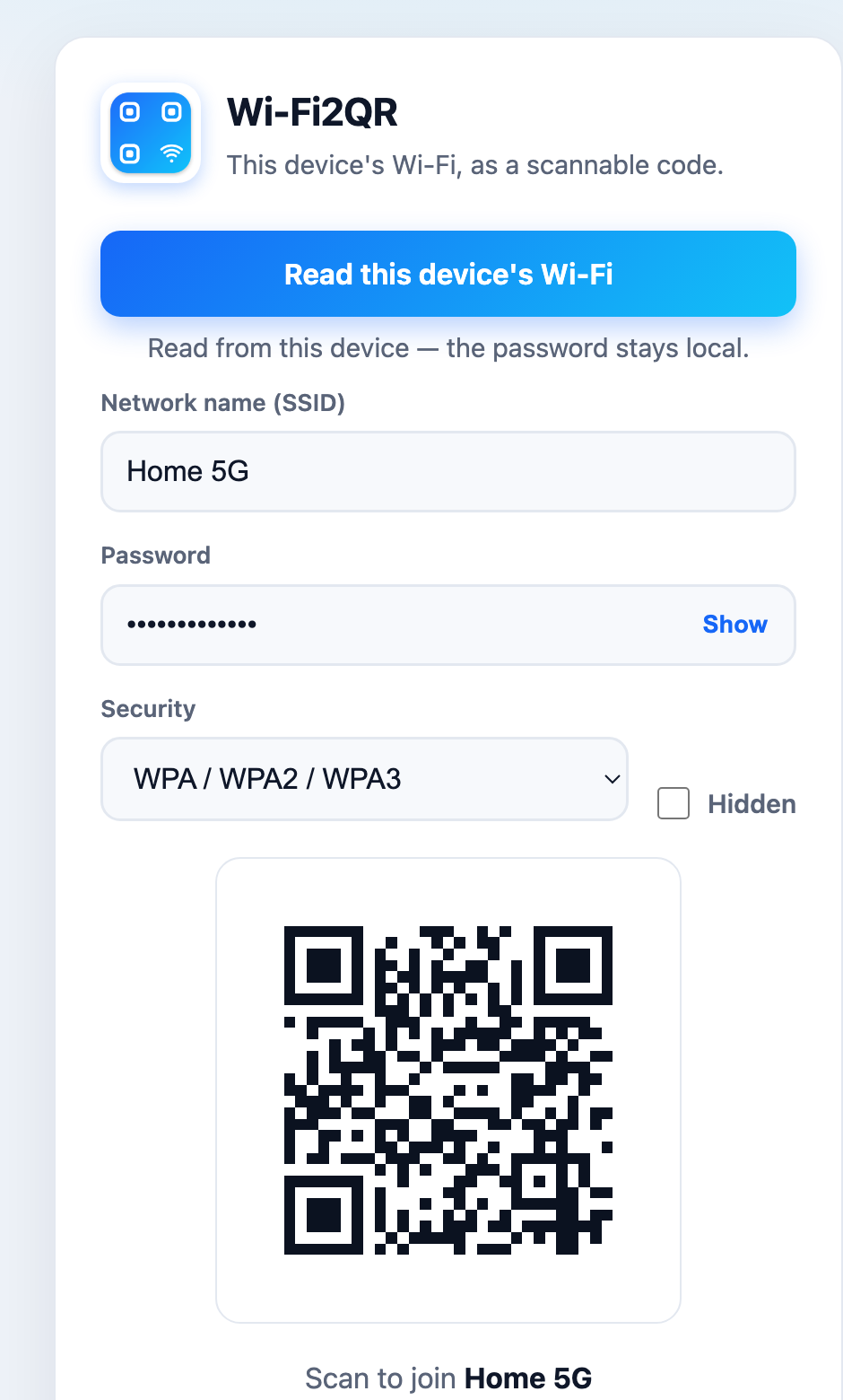 The Wi-Fi2QR desktop app showing a one-click 'Read this device's Wi-Fi' button and a generated QR code